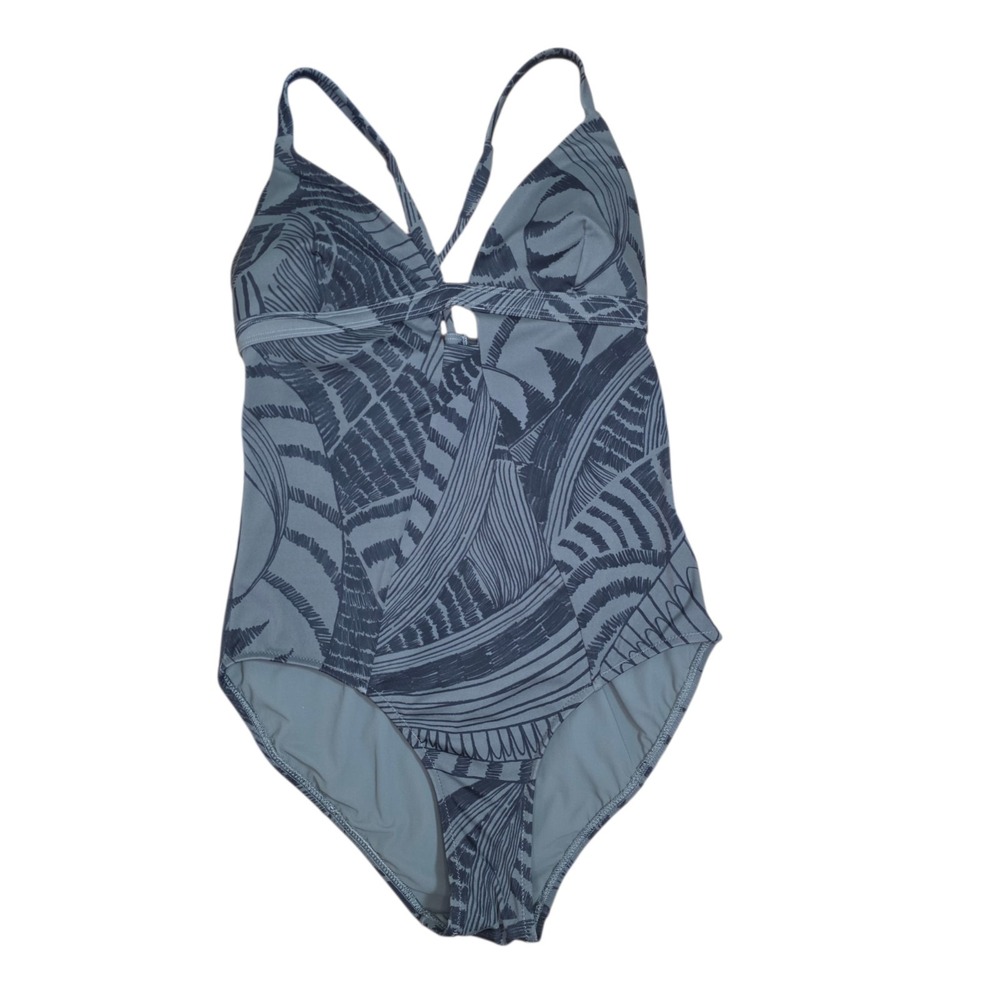 Athleta Womens XS One Piece Swimsuit Green Print Cutout Tie Back Plunge Swim